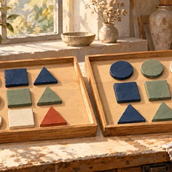 The same nine mosaic pieces grouped by color in one tray and by shape in another.
