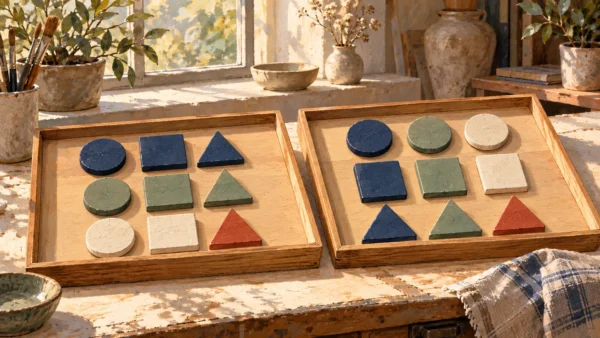 The same nine mosaic pieces grouped by color in one tray and by shape in another.