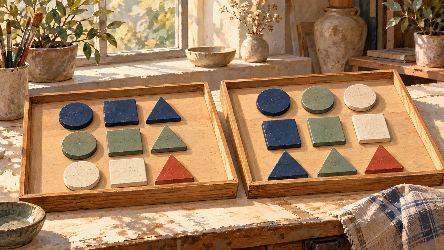 The same nine mosaic pieces grouped by color in one tray and by shape in another.