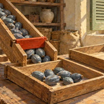A gouache seed-sorting chute uses a removable red stop block to limit material reaching one tray, with another tray waiting nearby.