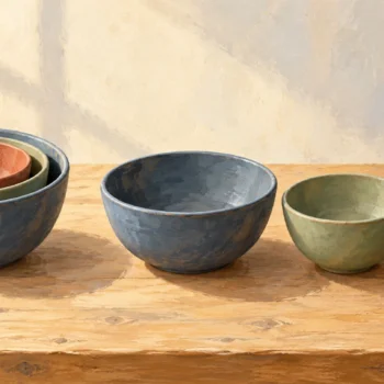 Three blue, sage, and terracotta bowls nested together beside a matching set arranged separately.