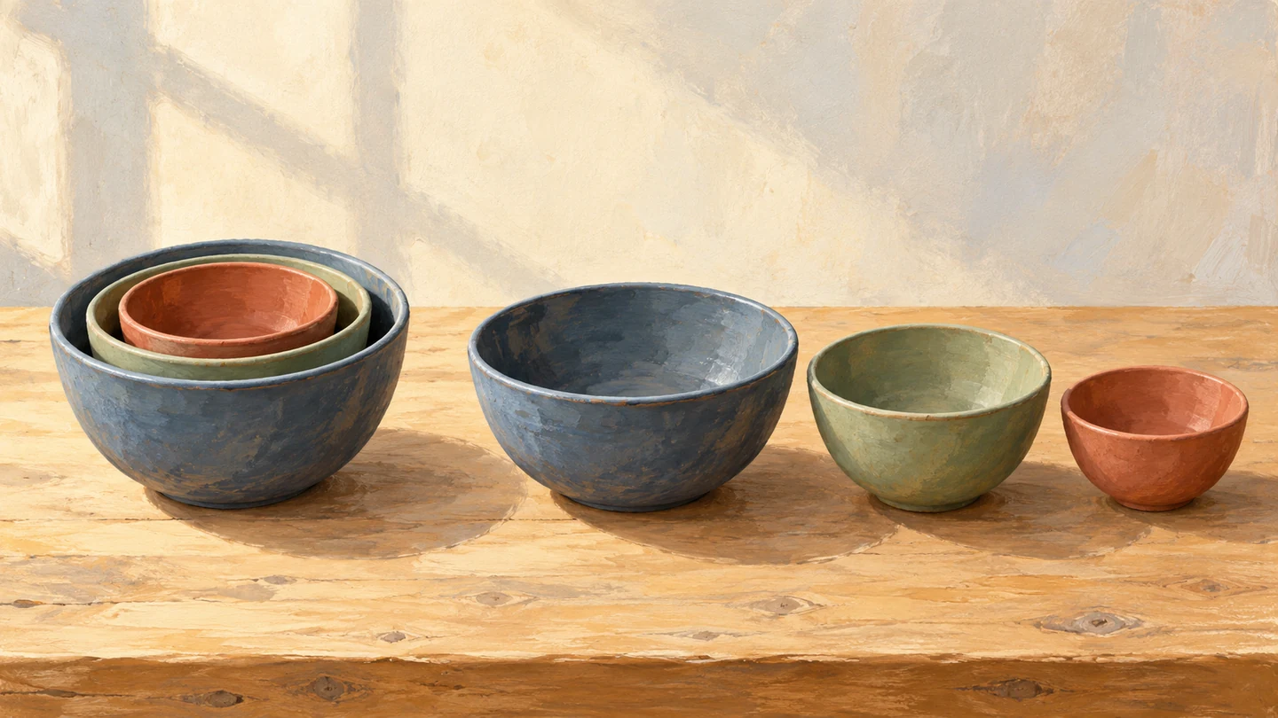 Three blue, sage, and terracotta bowls nested together beside a matching set arranged separately.