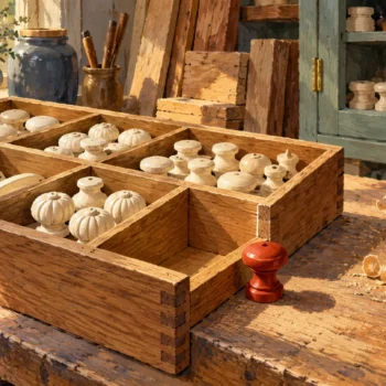 An oak supply tray has an empty compartment beside its standard fitting, while existing filled compartments remain untouched.