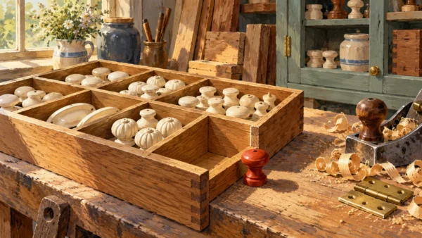 An oak supply tray has an empty compartment beside its standard fitting, while existing filled compartments remain untouched.