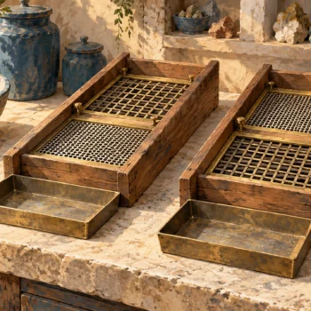 The same two sieve frames appear in reversed positions in adjacent workshop channels.
