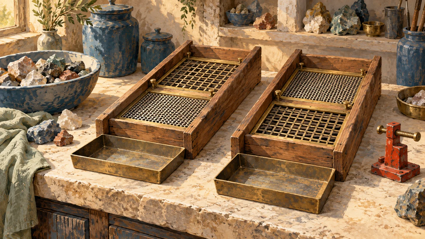 The same two sieve frames appear in reversed positions in adjacent workshop channels.