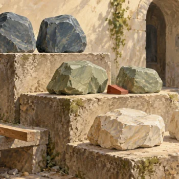 A gouache mason's courtyard groups paired stones on three distinct height levels, with a red wedge at the middle level.