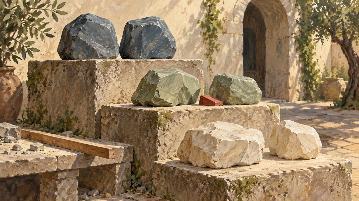 A gouache mason's courtyard groups paired stones on three distinct height levels, with a red wedge at the middle level.