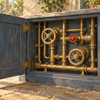 An open conservatory control cabinet reveals plain brass valves and carefully routed pipes.