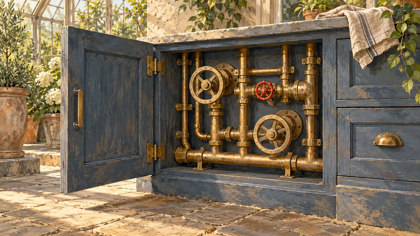 An open conservatory control cabinet reveals plain brass valves and carefully routed pipes.