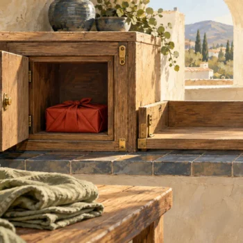 A wrapped parcel waits safely in a receiving cubby beside a prepared delivery shelf.