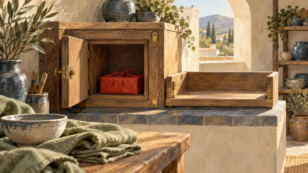 A wrapped parcel waits safely in a receiving cubby beside a prepared delivery shelf.