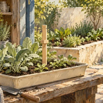 Fresh shoots and established seedlings share a tray beside an adjustable growth guide.