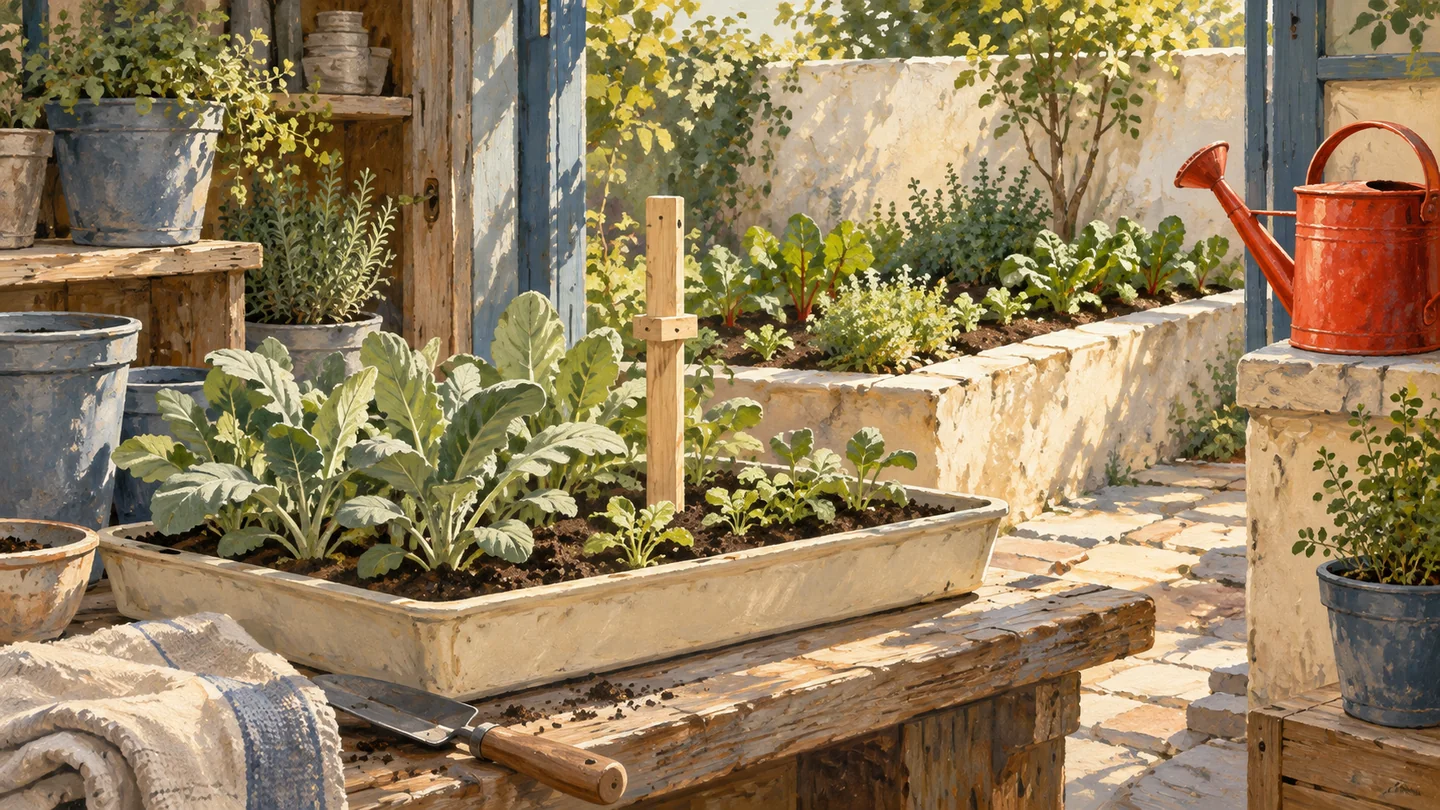 Fresh shoots and established seedlings share a tray beside an adjustable growth guide.