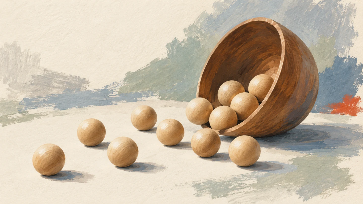 A tilted wooden bowl releases unmarked wooden spheres across warm paper, suggesting a random draw.