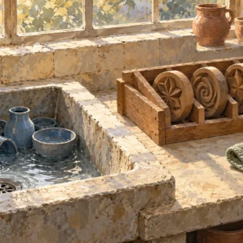 A gouache ceramic workshop separates wet ceramic pieces in a basin from dry pattern molds in a fitted wooden rack.