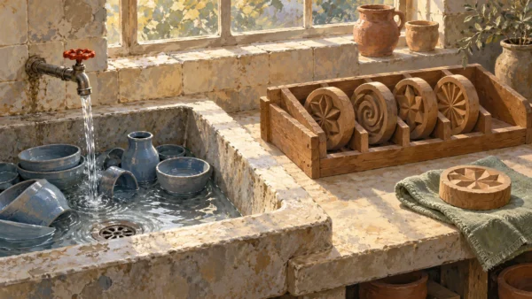 A gouache ceramic workshop separates wet ceramic pieces in a basin from dry pattern molds in a fitted wooden rack.