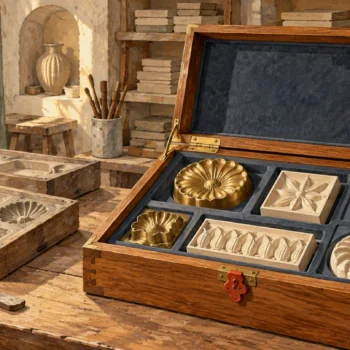 A protected master-mold cabinet stands beside separate everyday working trays.