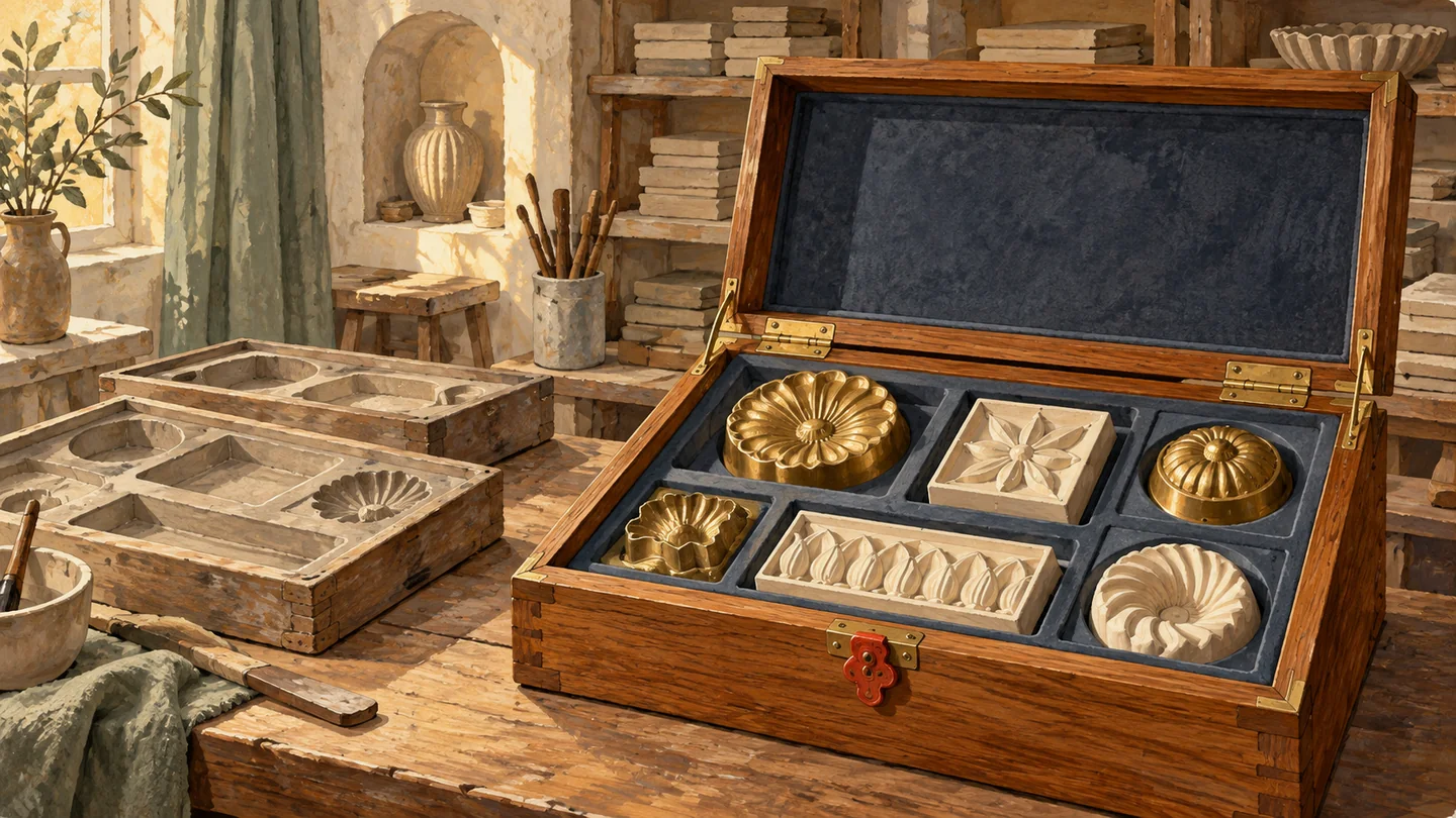 A protected master-mold cabinet stands beside separate everyday working trays.