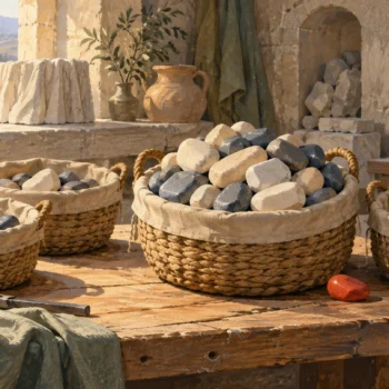 Workshop baskets carry visibly different accumulated stone loads.
