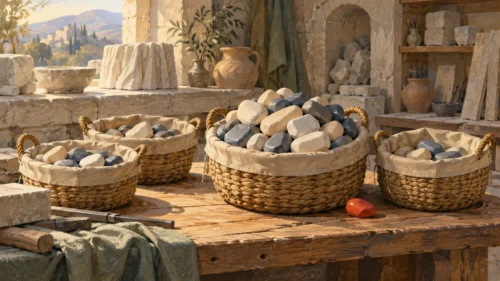 Workshop baskets carry visibly different accumulated stone loads.