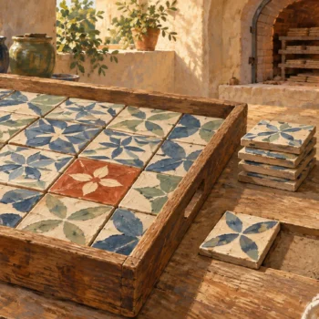 Fresh, fitted replacement and set-aside tiles surround one coordinated restoration tray.