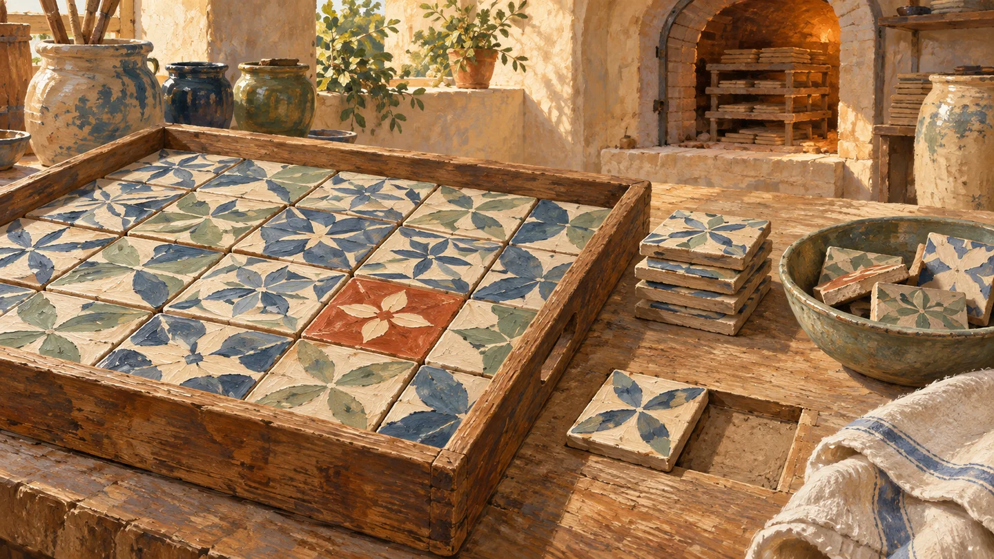 Fresh, fitted replacement and set-aside tiles surround one coordinated restoration tray.