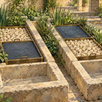 Two adjacent filter beds contain the same coarse and fine sections in reversed positions.