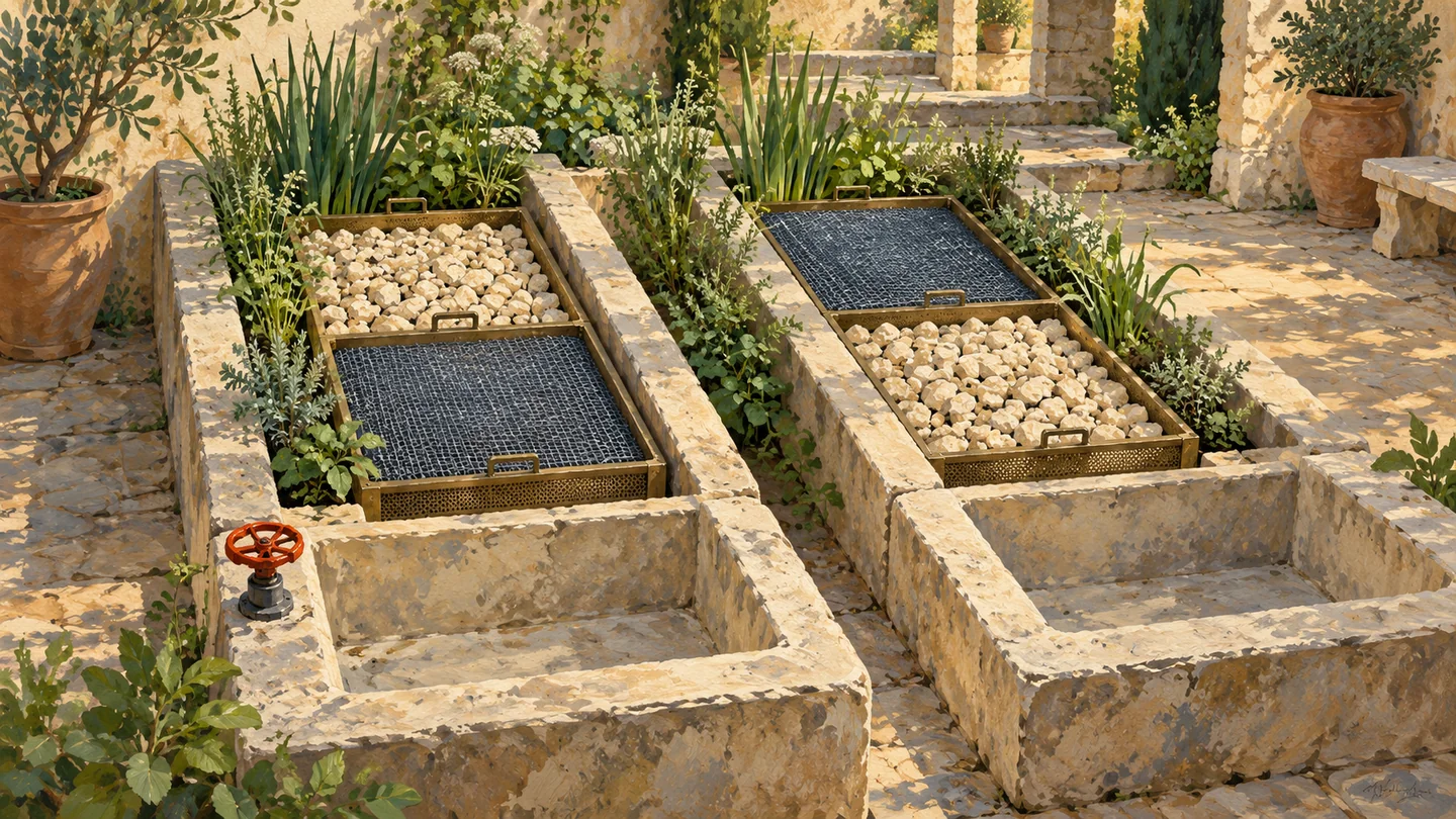 Two adjacent filter beds contain the same coarse and fine sections in reversed positions.
