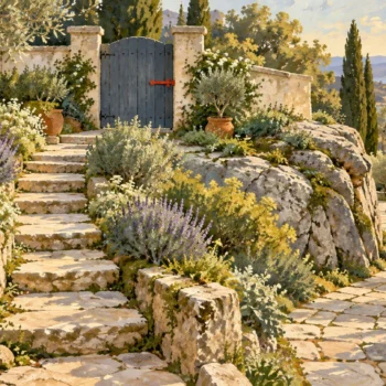 Different stone paths wind through a hillside garden near a sheltered gate.
