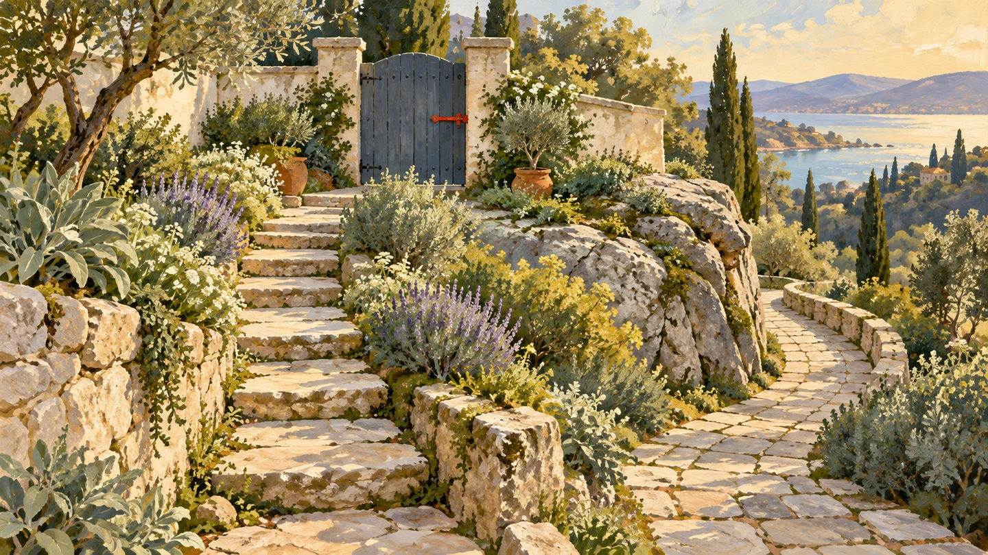 Different stone paths wind through a hillside garden near a sheltered gate.