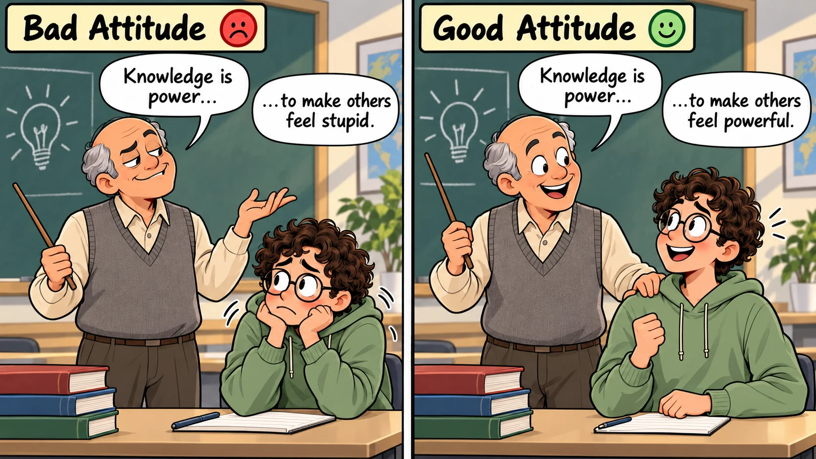 Two panel cartoon: under Bad Attitude a smug trainer tells a shrinking developer Knowledge is power... to make others feel stupid; under Good Attitude the trainer rests an encouraging hand on the developer's shoulder and says Knowledge is power... to make others feel powerful