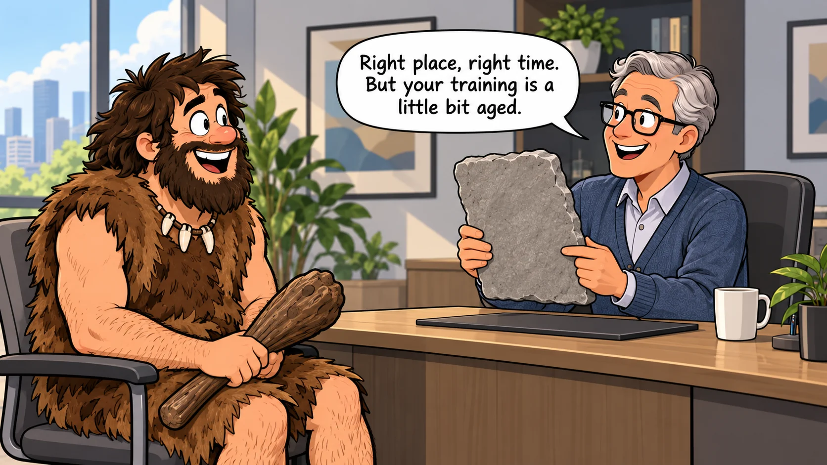 Cartoon: a team lead in a modern interview room holds up a stone tablet as a resume and tells a cheerful caveman candidate Right place, right time. But your training is a little bit aged.