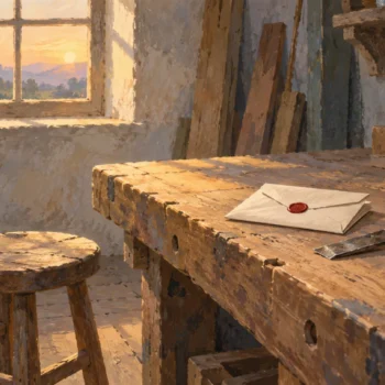Gouache painting of an empty wooden stool at a workbench at dawn, with a folded letter sealed in vermilion wax resting beside a well worn tool left for a newcomer
