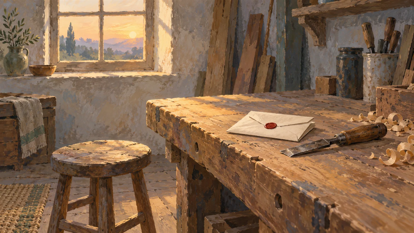Gouache painting of an empty wooden stool at a workbench at dawn, with a folded letter sealed in vermilion wax resting beside a well worn tool left for a newcomer