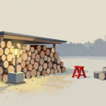 Gouache painting of a row of neat stacked logs, a scatter of old grey rounds and a vermilion sawhorse between them