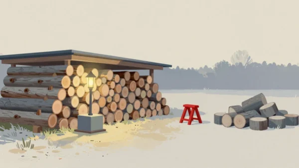 Gouache painting of a row of neat stacked logs, a scatter of old grey rounds and a vermilion sawhorse between them