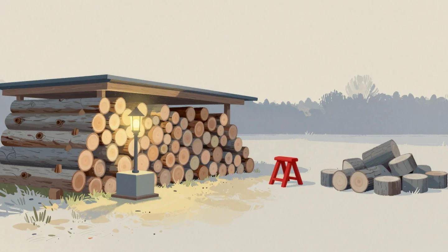 Gouache painting of a row of neat stacked logs, a scatter of old grey rounds and a vermilion sawhorse between them
