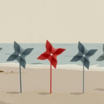Gouache painting of a row of tilted pinwheels in the sand with the still middle one vermilion