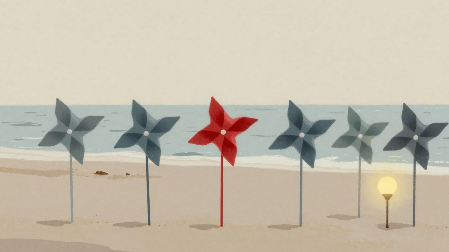 Gouache painting of a row of tilted pinwheels in the sand with the still middle one vermilion
