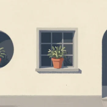 Gouache painting of three windows of different shapes in a courtyard wall all showing the same vermilion flowerpot