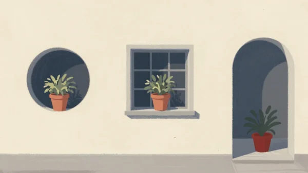 Gouache painting of three windows of different shapes in a courtyard wall all showing the same vermilion flowerpot