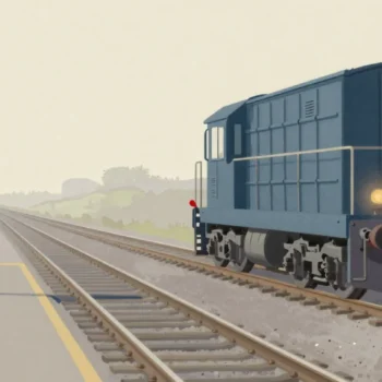 Gouache painting of a blue locomotive on a track beside a platform with small crates and a post with a round vermilion signal