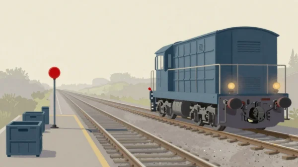 Gouache painting of a blue locomotive on a track beside a platform with small crates and a post with a round vermilion signal