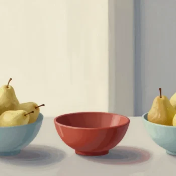 Gouache painting of three fruit bowls in a row where two hold pears and the middle one is empty and vermilion