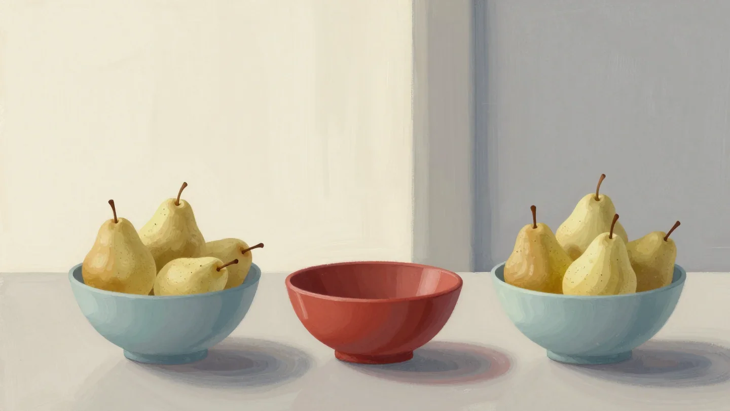 Gouache painting of three fruit bowls in a row where two hold pears and the middle one is empty and vermilion