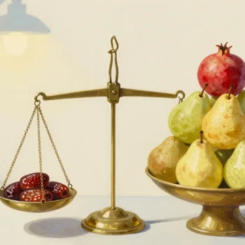 Gouache painting of a brass scale with two dates on one pan and a tall heap of pears with a vermilion pomegranate on the other