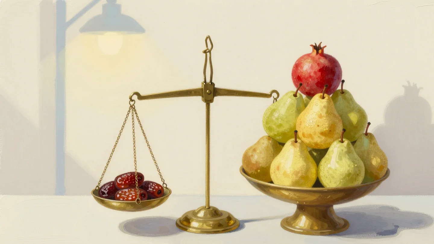 Gouache painting of a brass scale with two dates on one pan and a tall heap of pears with a vermilion pomegranate on the other