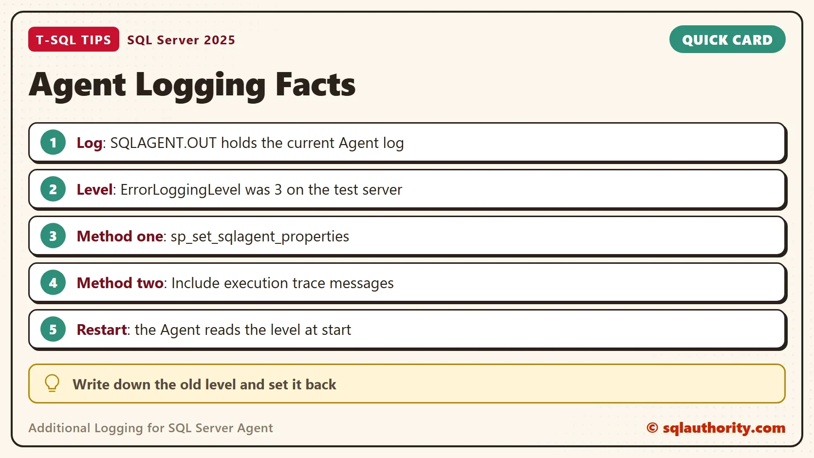 Quick card titled Agent Logging Facts: Log: SQLAGENT.OUT holds the current Agent log. Level: ErrorLoggingLevel was 3 on the test server. Method one: sp_set_sqlagent_properties. Method two: Include execution trace messages. Restart: the Agent reads the level at start. Tip: Write down the old level and set it back.