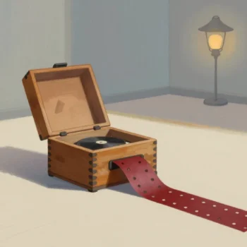 Gouache painting of a wooden music box with a long vermilion perforated paper strip curling down to the floor